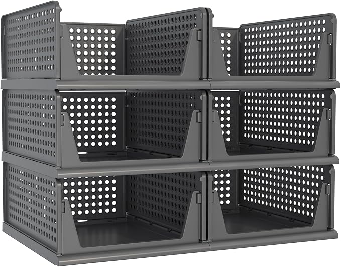 6 Pack Closet Organizer Storage Bins Stackable Plastic Drawer Shelf | Basket for Clothing Stackable Storage Bins Shelf Storage Container for Closet Wardrobe Bedroom Bathroom Office Black Foldable by Pinkpum