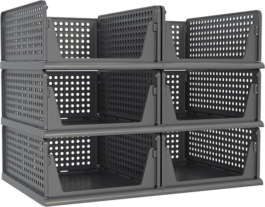 6 Pack Closet Organizer Storage Bins Stackable Plastic Drawer Shelf | Basket for Clothing Stackable Storage Bins Shelf Storage Container for Closet Wardrobe Bedroom Bathroom Office Black Foldable by Pinkpum