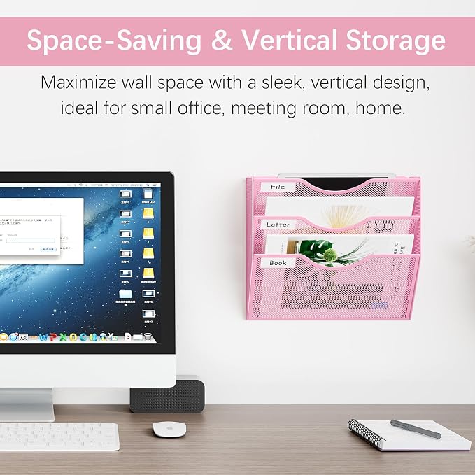 EasyPAG 3 Pocket Mesh Wall File Organizer, Hanging Paper Folder Holder with Classify Label, Vertical Wall Mount Mail Organizer for Office Home Classroom, Pink - Image 2