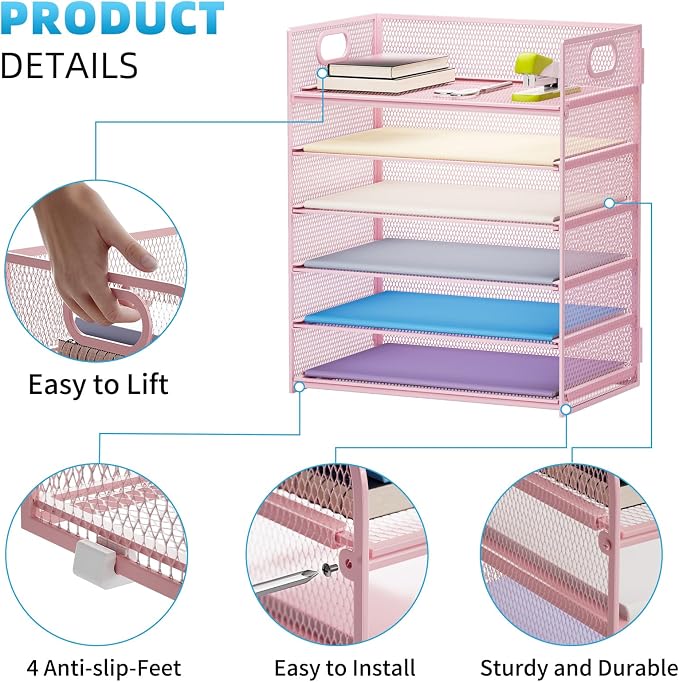 Marbrasse 2 Pack Desk Organizer with Handle, 6 Tier Paper Letter Tray, Mesh Desk File Organizer for Office, School and Home - Pink - Image 2