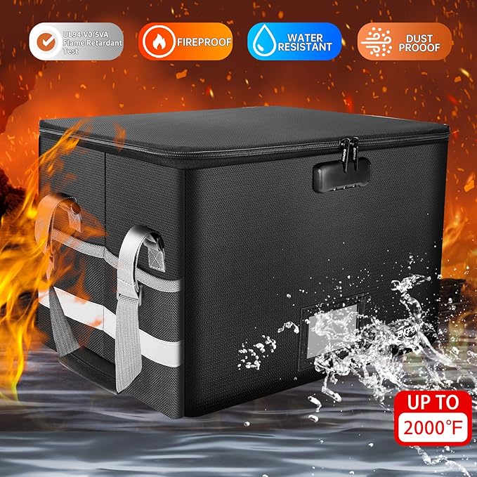 ENGPOW File Box with Lock, Fireproof Document Box with Pockets, Collapsible File Organizer Filing Storage Cabinet with Handle, Portable Home Office Safe for Hanging Letter/Legal Folders,Black,2 Pack - Image 3