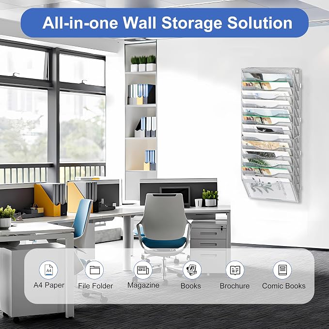 EasyPAG Wall File Organizer for Office 14 Pocket Mesh Wall Mounted Paper Organizer Hanging Folder Holder with Nametag Label for Home School, Silver - Image 5