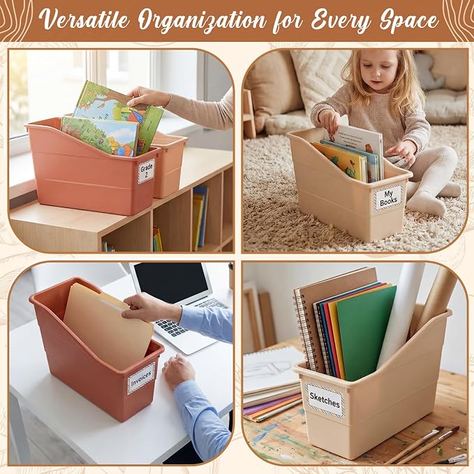 Blosssound 6 Set Book Bins for Classroom with Label Sticker Book Box Baskets Plastic Stackable Organizing Bins Storage & Organization for Classroom Library Home School Supplies (Earth Tones) - Image 6