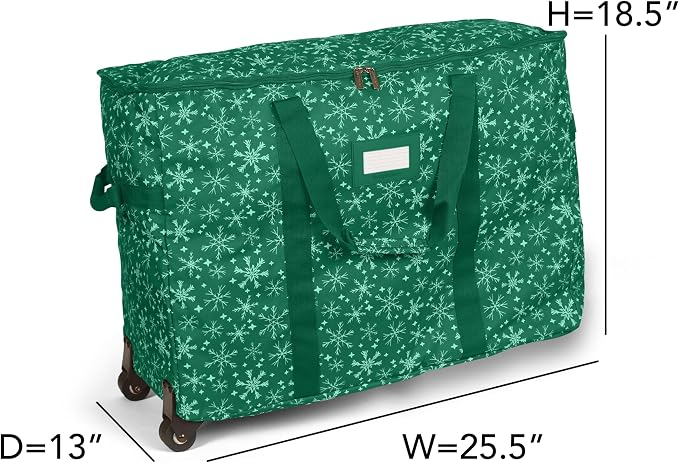 Covermates Keepsakes Rolling Adjustable Ornament Storage Bag – Heavy-Duty Polyester, FlexGrid Trays & Padded Dividers – Protective Holiday Organizer with Wheels, Handles & ID Window, Green Snowflake - Image 3