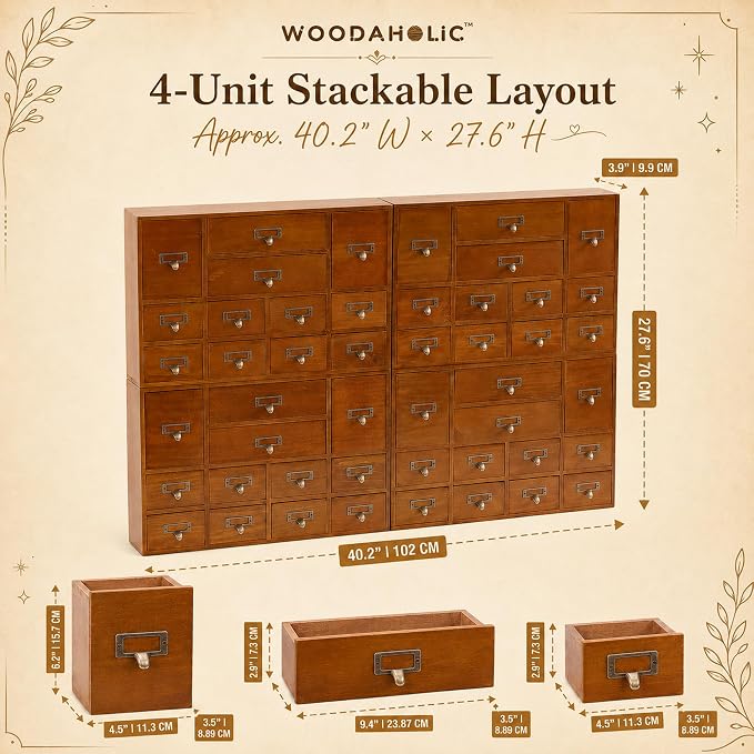 Modular Apothecary Cabinet with 48 Drawers I Stackable Library Card Catalog Organizer, Solid Wood Desktop Storage with Metal Label Holders for Makeup, Crafts, Oils, Tea & Office Supplies - Image 3