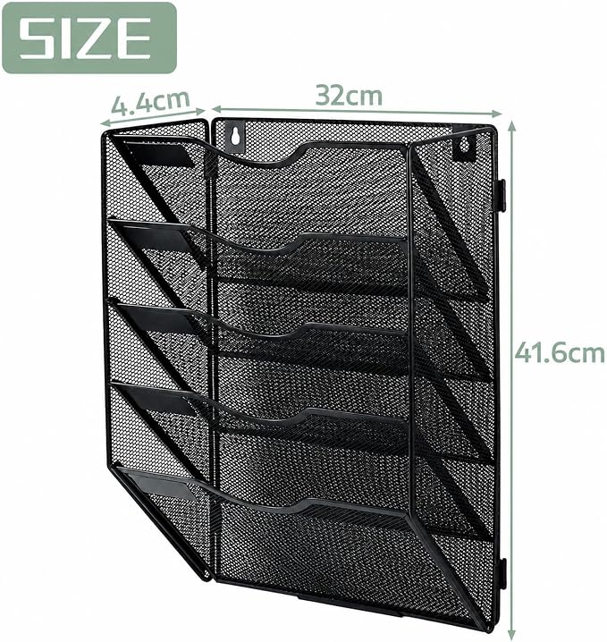 5 Pockets Mesh Wall File Holder Organizer Office Hanging File Folder Magazine Rack, Nametag Label Hooks Set Included (Black) - Image 2