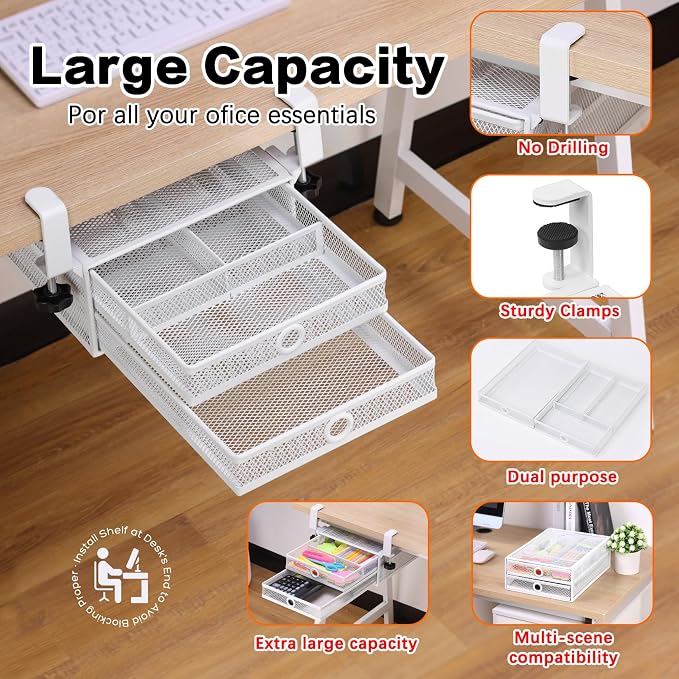 ROSYLINE Under Desk & Desktop Drawer Organizer, 2-Tier Big Capacity | Steel Construction, Clip-On No Drill Installation, Fits A4 Paper, for Office & Household Supplies - Image 4