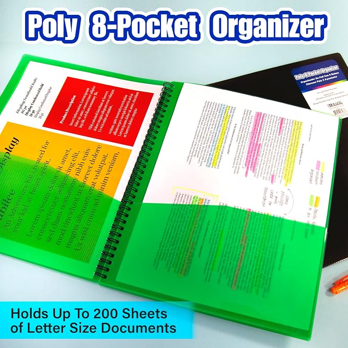 BAZIC Products Assorted Color Poly 8-Pocket Folder Organizer, 6-Set | business card slot, Sorts letter-size 8.5 x 11 in papers - Image 2