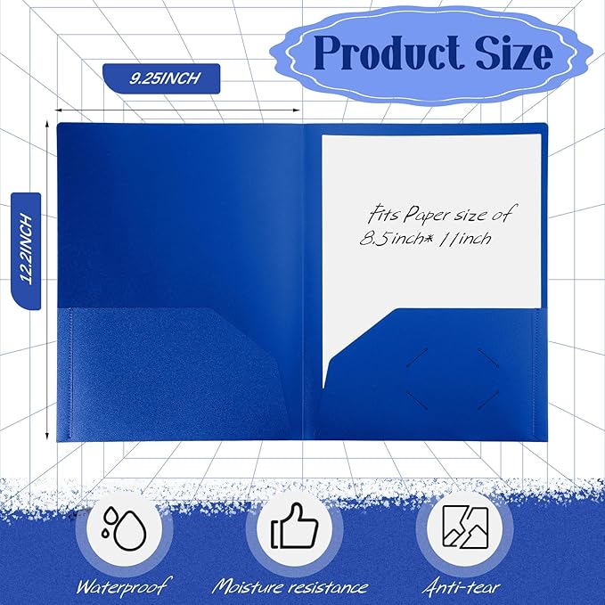 Patelai 50 Pack Plastic Folders with Pocket Bulk 2 Pocket Heavy Duty Letter Size Folders Business Card Holder for School Office File(Blue) - Image 2