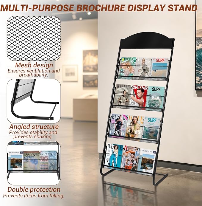 4-Tier Magazine Stand, 24.8'' Wide Iron Brochure Holder, Metal Newspaper & Literature Display Rack for Office, Waiting Room, Lobby, Classroom & Retail Store - Image 7