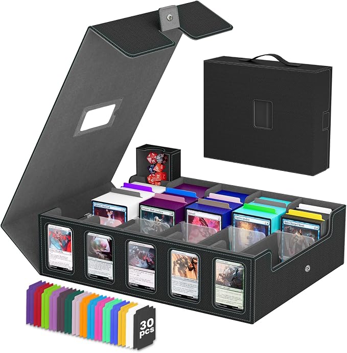 5 Row Trading Card Storage Box, Fit 4200+ Sleeveless Cards, Black & Grey | Large Capacity, Portable Handle, Include 30 Divider, 8 Supporters, 1 Dice Tray, Compatible for MTG/TCG/Magic Sports Cards by Gomyrod