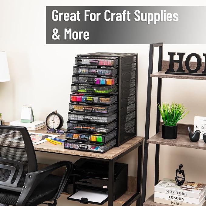 Mind Reader 10-Drawer Desk Organizer for Office Supplies, Crafts, Mail Sorting & More, Metal Mesh, Black - Image 8