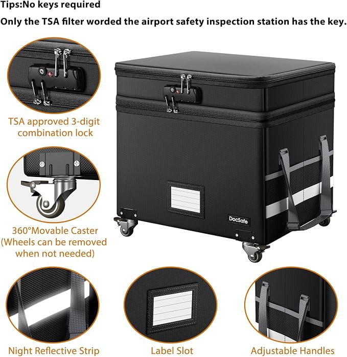 DocSafe Fireproof Document Box with Lock,2-Layer File Box with Wheels,Collapsible File Storage Organizer with Pockets,Large Portable Home Filing Cabinet for Hanging Folders,Black,16''x13.8''x12.2'' - Image 5