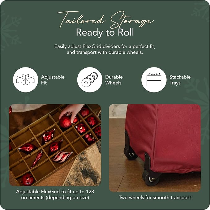 Covermates Keepsakes Rolling Adjustable Ornament Storage Bag – Heavy-Duty Polyester, FlexGrid Trays & Padded Dividers – Protective Holiday Organizer with Wheels, Handles & ID Window, Red - Image 5