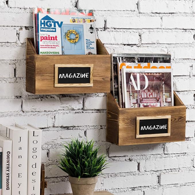 MyGift Rustic Burnt Wood Wall Mounted Mail File Magazine Holder Set of 2 | Burnt Wood Finish, Chalkboard Label, Space Saving Storage, Entryway Organization, Office Document Sorting, Farmhouse Style - Image 2