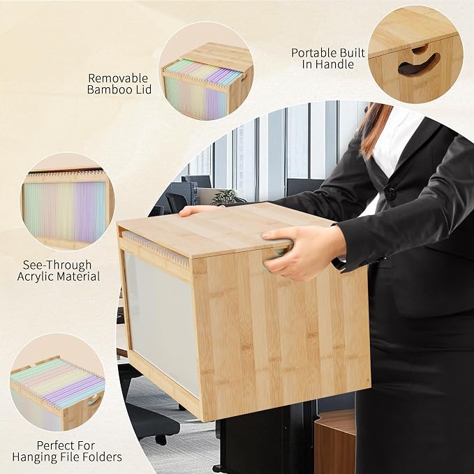 Bamboo Hanging File Organizer, Desk File Box with Lids, 1 Pack, Natural | Removable Lid, Clear Acrylic Side Panels, 2 Hanging Folders Included, Helps Reduce Dust, Letter & Legal Size, Easy Assembly - Image 4
