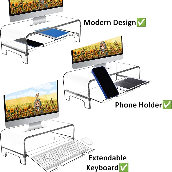 AMT 2 Tier 5.7 Inch High Acrylic Laptop Monitor Stand & Computer Riser with Cat Keyboard Protector, Space-Saving Design, Extra Storage, Clear Shelf - Ideal for Monitors, Laptops, Printers, Desktop - Image 3