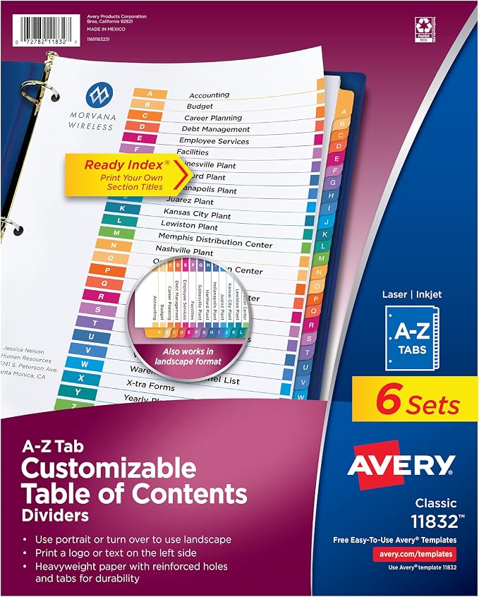 Avery A-Z Dividers for 3 Ring Binders, 26 Tabs per Set, Customizable Table of Contents, Multicolor Tabs, Great for Organizing Reports, Projects, and More (6 Sets of 11832) by Avery