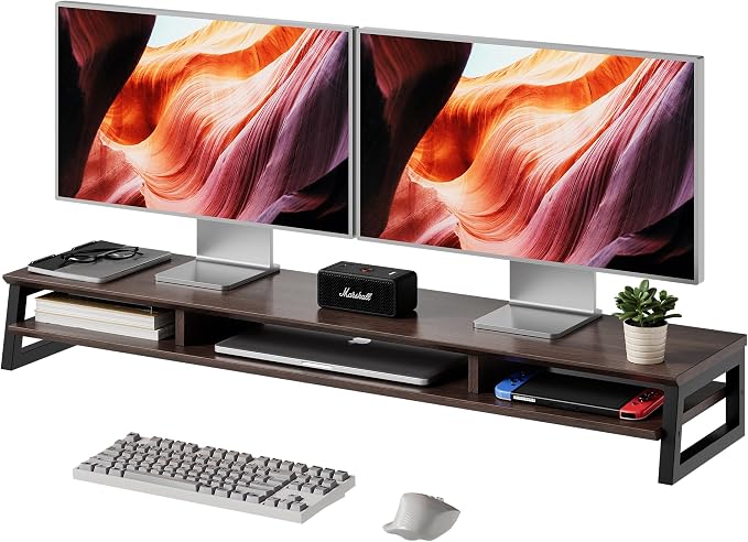 Dual Monitor Stand Riser for Desk, 41.7 Inch Large 2 Tier Computer Monitor Stand for 2 Monitors, Desktop Storage Organizer Shelf with Keyboard Space for Laptop PC Printer Brown by Unknown
