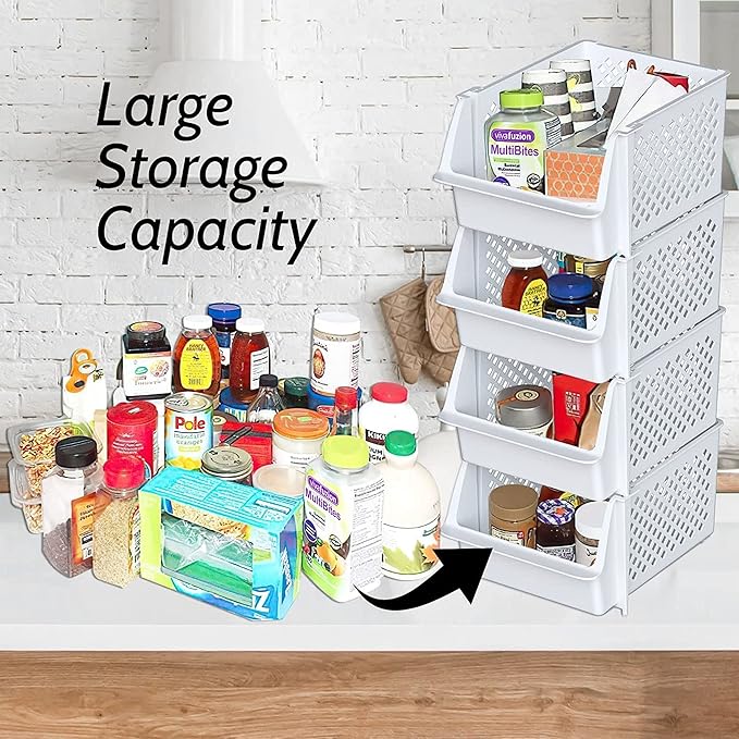 Skywin Stackable Storage Bins Open Front for Pantry Storage, 4 Pack - White | Sturdy Plastic, Easy Stacking, Open Front Access, Ventilated Sides, Vertical & Space Saving Pantry Organizers and Storage Bin - Image 2