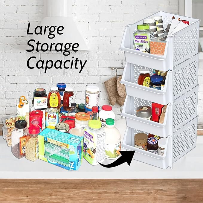 Skywin Stackable Storage Bins Open Front for Pantry Storage, 8 Pack - White | Sturdy Plastic, Easy Stacking, Open Front Access, Ventilated Sides, Vertical & Space Saving Pantry Organizers and Storage Bin - Image 2