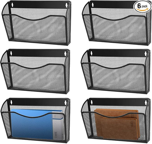 Flexzion Wall Folder File Letter Pocket Holder (6 Pack) Metal Mesh Desk Hanging Basket Box Bin Mail A4 Size Paper Document Organizer, Storage Rack Single Slot Wall Mount for Office School Home - Black by Flexzion