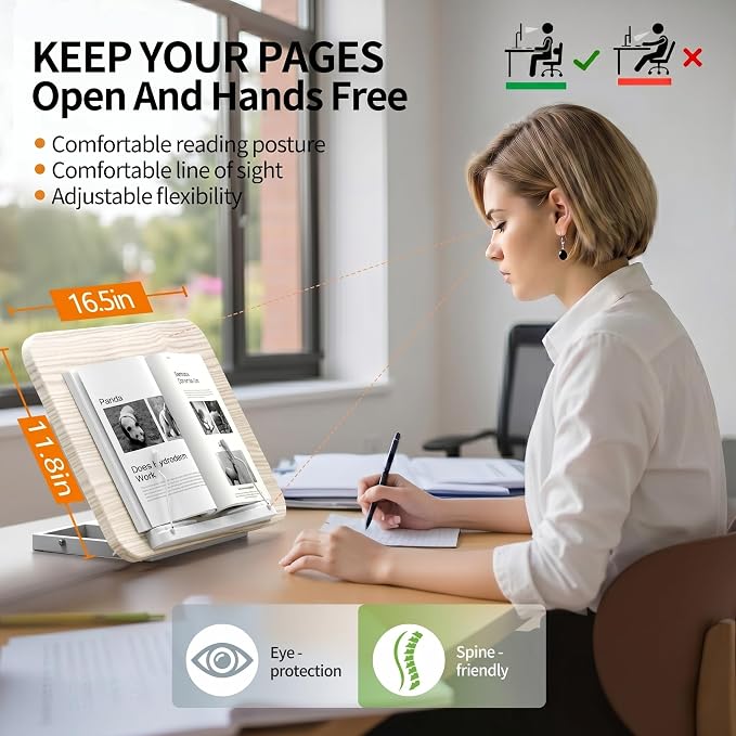 2-in-1 Floor & Desktop Book Stand with Large 16.5"x11.8" Wood Panel | Height Adjustable 16.5"-51" Ergonomic Book Holder with Page Clips for Textbooks, Music Sheets, Recipes, Laptops (White) - Image 5