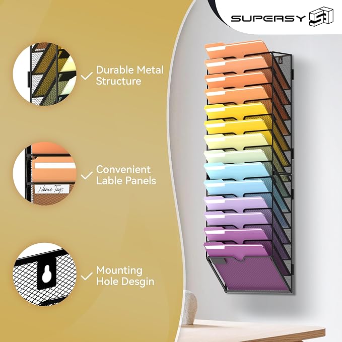 14-Tier Wall File Organizer, Mesh Hanging Wall Mount File Holder | Paper, Folder, Magazine Rack Great for Office Home School, Assembly Needed, Black - Image 4