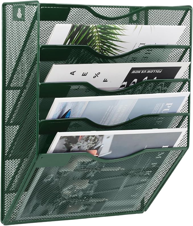 5 Pocket Mesh Hanging File Organizer, Wall Mounted Mail Paper Document Folder Holder, Clipboard Storage Organization Magazine Rack with Nametag Label for Office Home School, Dark Green by EASEPRES