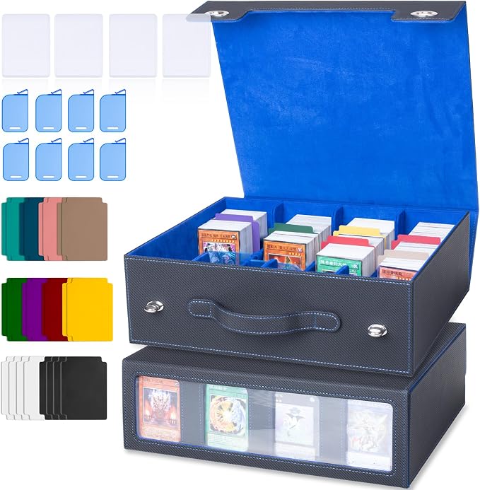 4-Row 3000+ Trading Card Storage Box for MTG, Card Deck Box with Snap-fit Design, 4 Card Sleeves, 8 Stoppers, 24 Dividers (4-Rows Black-Blue) by Sesmez