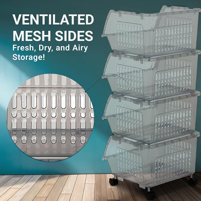 Large Stackable Storage Bins Open Front with Wheels, 4 Pack - Light Grey | Easy Assembly, Sturdy Plastic, Open Front Access, Smooth Rolling Wheels, Stackable, Large Capacity Storage - Image 4