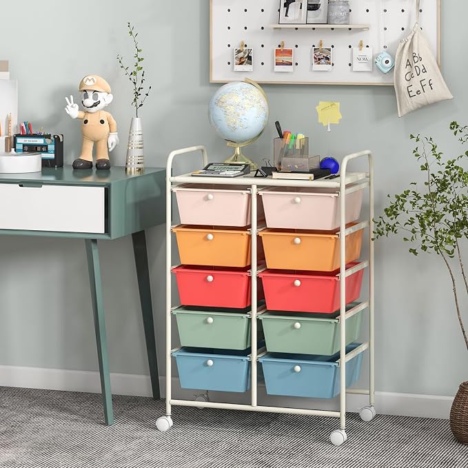 Giantex 10 Drawers Rolling Cart, Classroom Organizers, Storage Cart with Wheels, for Teacher Office Home School Supplies Tool Craft Art Paper, Multicolor - Image 2