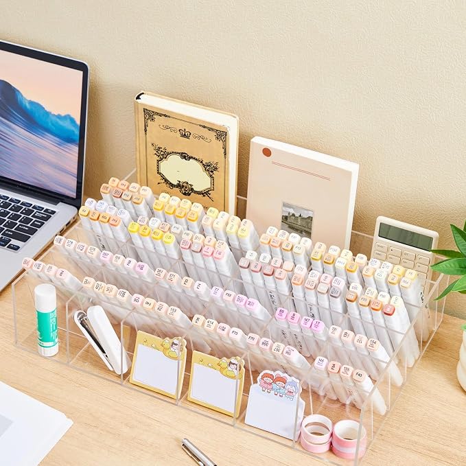 MotiMind Acrylic Pen Organizer Storage for 350 Markers Vertical Marker Organizer Acrylic Pen Display Holder for Office Desk Desktop Stationery Pencil Storage, Clear, 18 x 4 x 12.4 Inch - Image 5