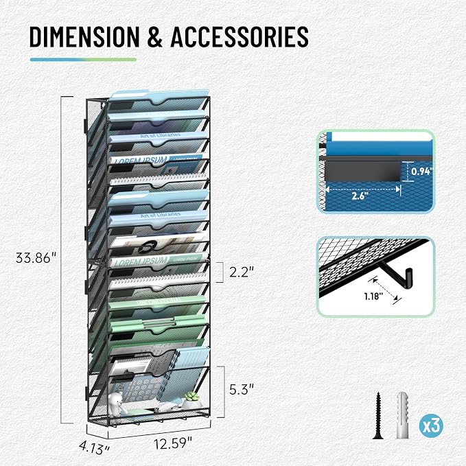 15-Tier Wall File Organizer with 5 Hooks, Wall Mounted Mail Organizer | File Holder Organizer, Metal Mesh Office Wall Organizer for Home, School & Classroom - Image 5