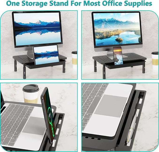 WALI Dual Monitor Stand with Storage, Desk Monitor Riser 3 Height Adjustable, Laptop Riser with Airflow Vents, Desk Organizer for Computer, Laptop, Printer, Notebook (STT003D-2B), 2 Pack, Black - Image 4