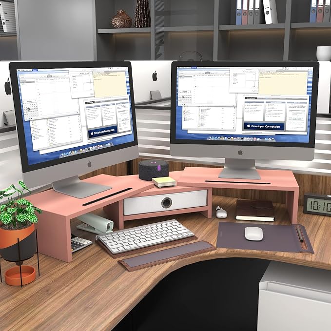 WESTREE Dual 3 Shelf Computer Riser with Drawer, Adjustable Length and Angle, Desktop 2 Monitor Stand Storage Organizer - Image 2