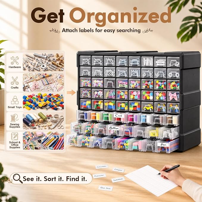 64-Drawer Organizer for Garage Building Bricks Storage, Drawer Storage Cabinet with Dividers and Labels for Hardware,Screws,Nuts Bolts, Garage Tools,Charms,Beads,Craft,Scrapbook - Image 3