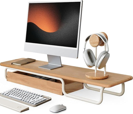 Fenge Solid Wood Monitor Stand Riser with Large Drawer Storage, Oak | Fully Assembled, 37.4W x 9.8D x 4.8H, Holds up to 110 lbs, Minimalist Home Office Desk Setup by Fenge