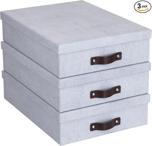 Bigso Oskar Canvas Fiberboard Document Letter Box - File Organizer Box for Important Paperwork - Document Storage with a Lid & Leather Handle - 3.3 in x 10.2 in x 13.8 in - 3 Pack - Ash by Bigso