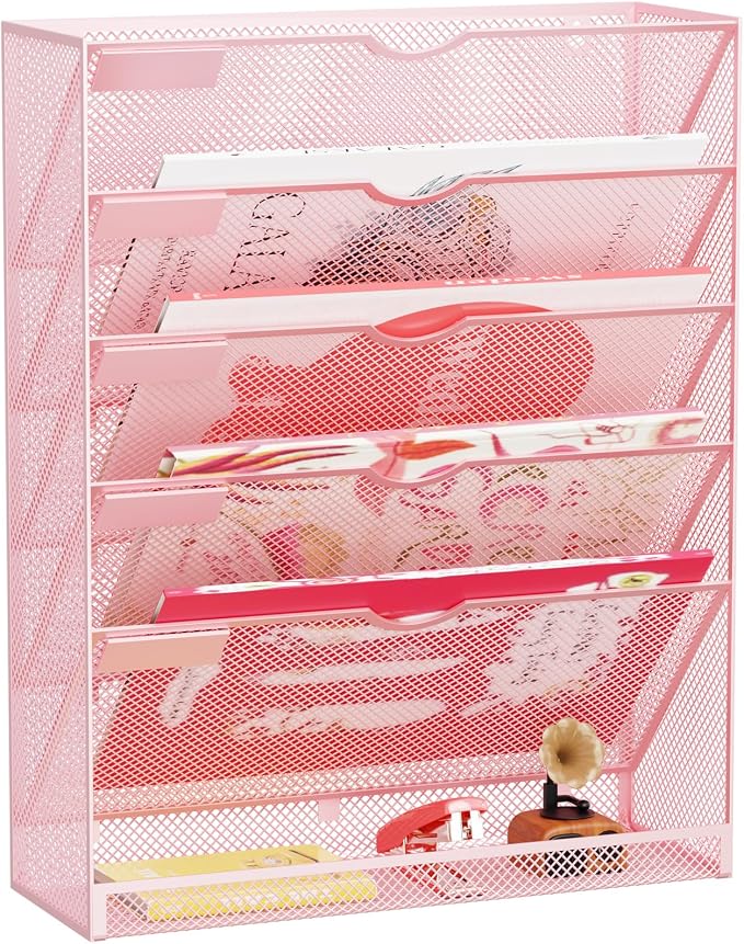 Hanging Wall File Organizer 6 Tier Wall Mounted Mail Paper Folder Holder Document Organization Stand, Vertical Desk Magazine Rack for Office Home Cubicle Countertop, Pink by GDINDINFAN