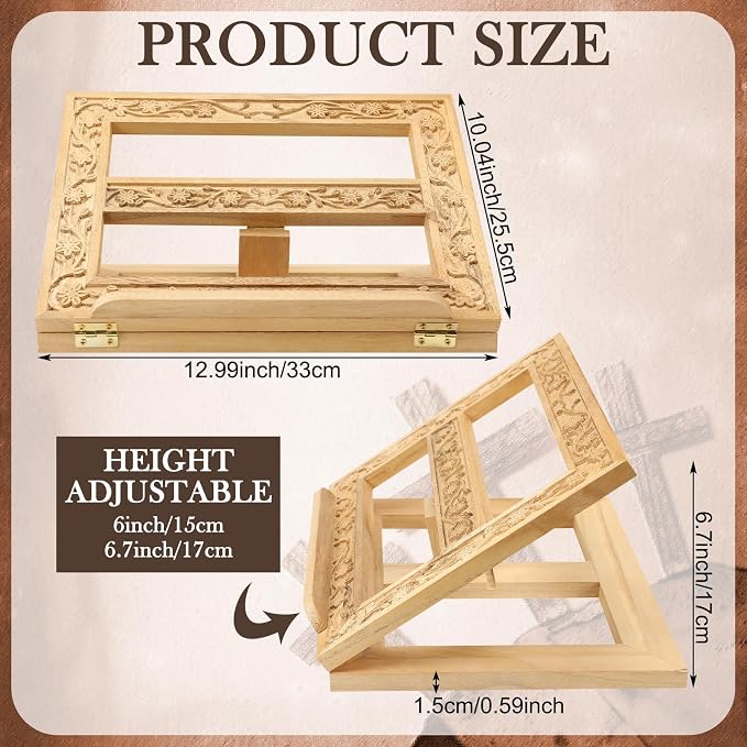 DoubleFill Adjustable Wooden Bible Stand Carved Bible Holder Missal Stand Book Display for Reading Folding Religious Prayer Wooden Holy Book Holder 12.99 x 10.04 Inches (Light Brown) - Image 2