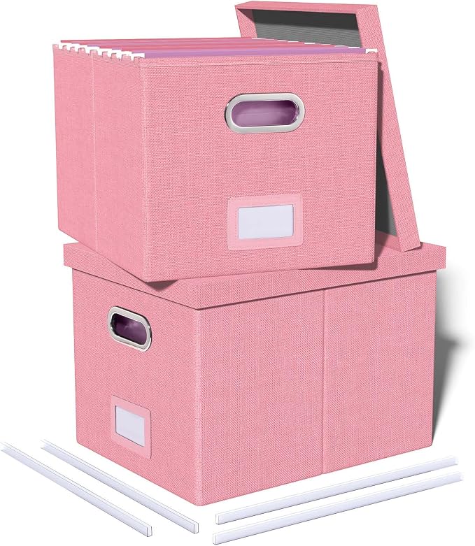 2 Pack File Storage Organizer, Filing Box, Portable File Box with Lid, Fit for Letter/Legal File Folder Storage, document organizer, New-pink by Oterri