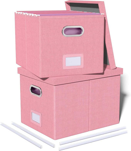 2 Pack File Storage Organizer, Filing Box, Portable File Box with Lid, Fit for Letter/Legal File Folder Storage, document organizer, New-pink by Oterri