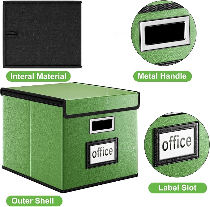 File Organizer Box with Lids, Collapsible File Folder Organizer | File Box with Plastic Slides for Document, Filing Bin for Letter Size Hanging File Folders (2 Pack, Green, Leather) - Image 5