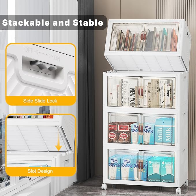 Stackable Storage Bins, 416QT Collapsible Drawers with 2 Lids | Large Capacity, Magnetic Door, Stack Lock, Rolling Wheels, Foldable Design, Organizers and Storage for Bedroom Dorm Garage - Image 4