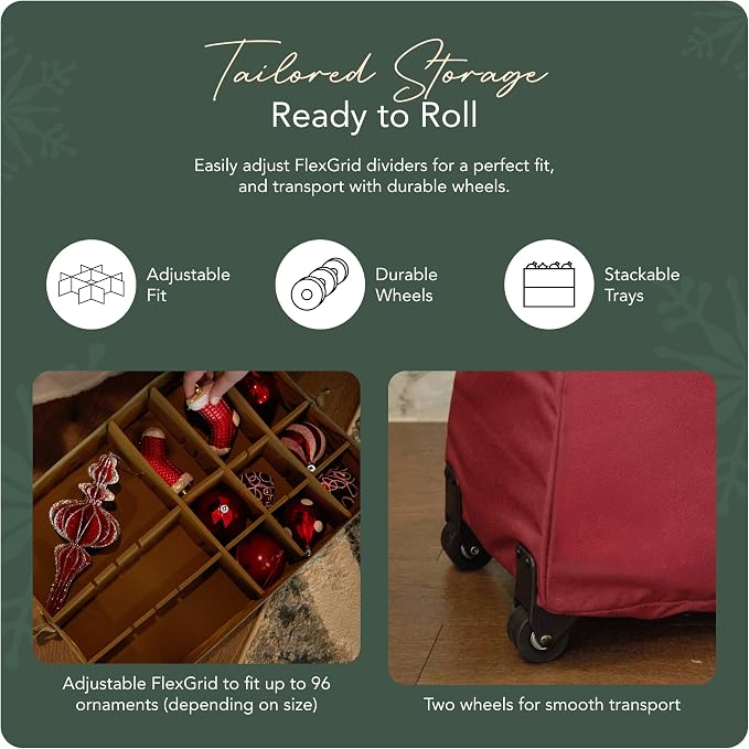 Covermates Keepsakes Rolling Adjustable Ornament Storage Bag – Heavy-Duty Polyester, FlexGrid Trays & Padded Dividers – Protective Holiday Organizer with Wheels, Handles & ID Window, Red - Image 5