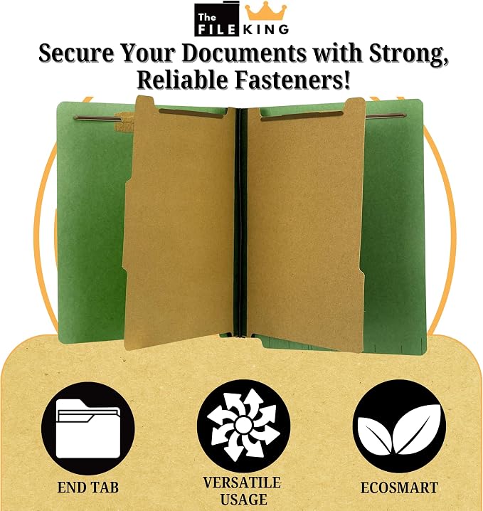The File King Green Pressboard Classification Partition File Folder - Letter Size | Box of 10 | End Tab with Two Dividers | 2” Expansion | Durable 2-Inch Fastener Prongs - Image 3