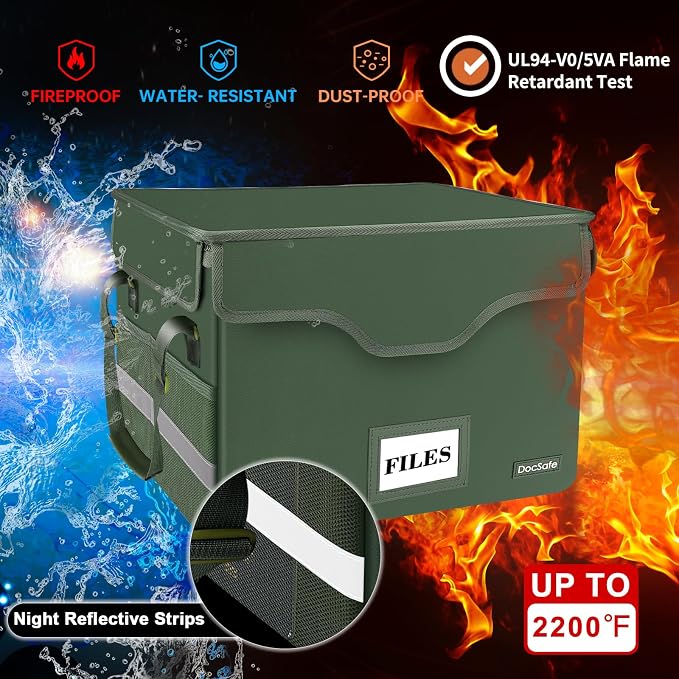 DocSafe Fireproof Document Box with Lock,File Storage Organizer with Pockets,Collapsible Portable File Box Home Office Safe Filing Cabinet with Handle for Hanging Letter/Legal Folders,Green,2 Pack - Image 3