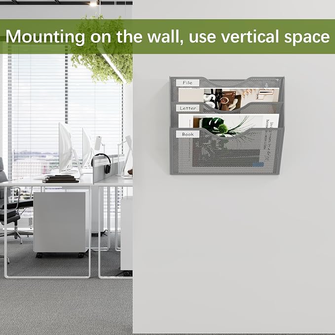 EasyPAG 3 Pocket Mesh Wall File Organizer, Hanging Paper Folder Holder with Classify Label, Vertical Wall Mount Mail Organizer for Office Home Classroom, Silver - Image 4