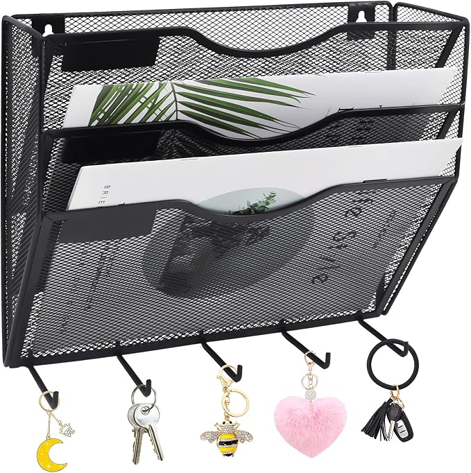 3 Pocket Mesh Hanging File Organizer with Key Holder Hooks & Nametag Label, Wall Mounted Mail Paper Document Folder Clipboard Storage Organization Magazine Rack for Office Cubicle, Black by EASEPRES